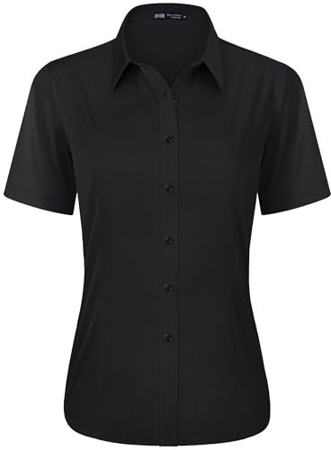 J.VER Black Shirts for Women Fitted Stretch Short Sleeve Summer Business Casual Button Down Shirt Formal Dress Work Ladies Tops Blouses XL