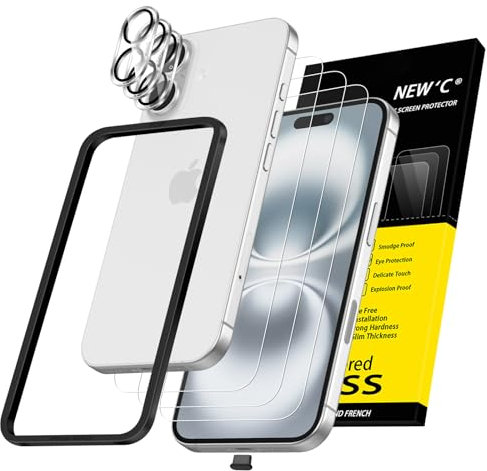 NEW'C 3x for iPhone 16 Plus Screen Protector (6.7 inches)+ 3x Camera Lens Protector, Sensor Protection, Case Friendly Tempered Glass Film + Dust Plug- Easy installation tool include