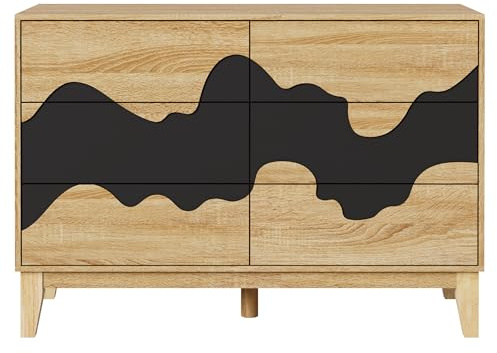 UEV Kommode mit 6 Schubladen schmal 100x35x72cm Modern Design mit Wellenmuster/Drucktüröffner, Aufbewahrungskommode Sideboard Holz viel Stauraum für Schlafzimmer Wohnzimmer Flur, Schwarz+Natur