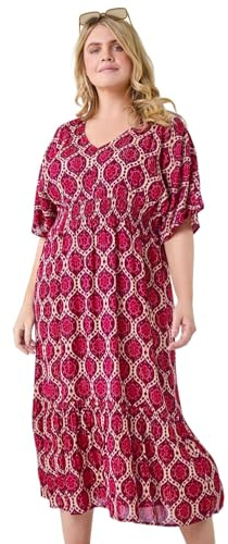 Roman Originals Shirred Waist Dress for Women UK Ladies Midi Maxi Summer Spring Tiered Frill Hem Empire Waist Short Sleeve V Neck Gathered Skirt Bohemian Holiday - Purple Plus - Size 22