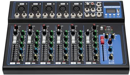 Bluetooth Audio Mixer 7 Kanal, DJ Mischpult Live Studio mit USB Sound Mixing Console 6 Musikmodi für KTV, Bands, Bars und Aufnahmestudios für Anfänger und Profis