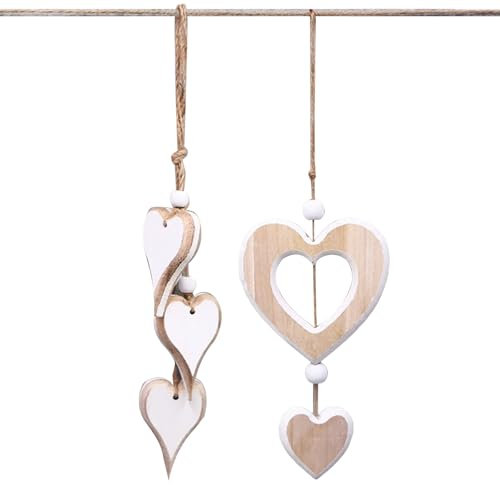 2 Stück Herz Holz Deko Holzherzen Hängedeko Holz-Deko zum Anhänger für Hochzeit Wandbehang Fensterdeko Geschenk Hängend Dekoration