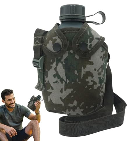 JIEBWCHA 1l Bouteille D'eau De L'armée,20x14x7cm Bouteille D'Eau Armée Portable, Bouteille De Sport Avec Bandoulière, Cantine Militaire En Aluminium, Gourde Militaire, Pot À Vin En Aluminium Militaire
