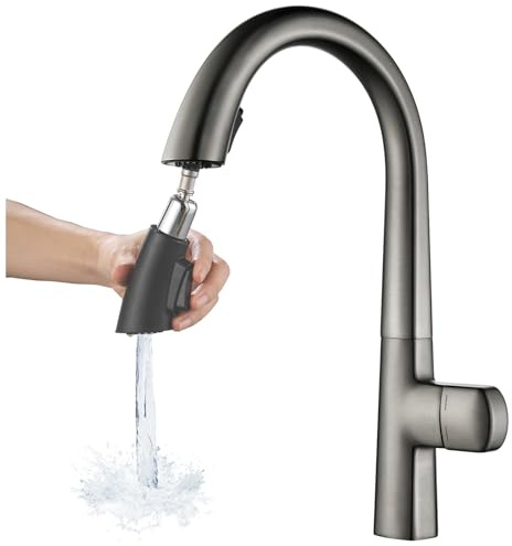 Wasserhahn KüChe Grau, KüChenarmatur Ausziehbar, Waschtischarmatur Mit Herausziehbarer Brause, Mischbatterie KüChe 360°Drehbar 2 SprüHfunktionen, SpüLtischarmatur Armatur, Messing