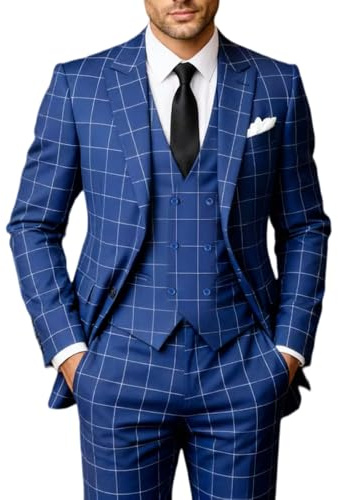Solovedress Costumes pour hommes 3 pièces Costume classique à carreaux pour homme Veste Pantalon Gilet pour mariages et affaires (bleu royal, L)