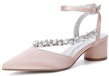 Damen Spitze Zehen Kleid Hochzeit Schuhe Blockabsatz Braut Pumps Slingback Sandalen mit Knöchelriemen,Dusty Rose,42 EU