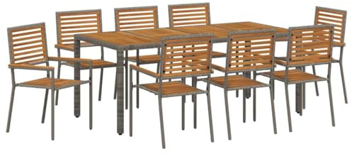 vidaXL Garden Dining Set 9 pcs Grey and Brown 190 x 90 x 75 cm, Alfresco Dining Collection, Modern Rattan Ensemble, Contemporary Garden Seat, Casual Unit, Outdoor Furniture Set