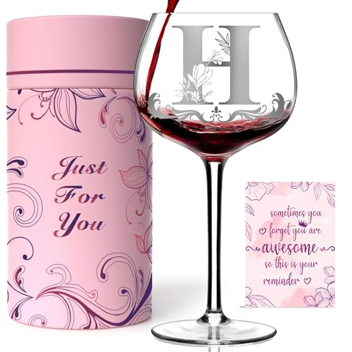 Personalized Monogram Gifts for Women - Customized Initial A-Z Wine Glass, Unique Birthday Christmas Gifts for Her, Mom, Wife, Sister, Daughter, Friend (Letter H)
