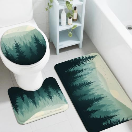 peacoblue 3-teiliges Badvorleger Set,Nebelwald für Badezimmer Zuhause | Badteppich Set mit WC Deckelbezug,Bathroom Rug Set Rutschfeste waschbare Matten für Bad, Schlafzimmer und Küche