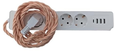 Cable alargador retro de 4 vías, 2 m, con revestimiento de tela trenzada, regleta vintage de 16 A, cable textil trenzado, diseño nostálgico, certificado TUV/GS/CE, en 5 elegantes colores (oro rosa)