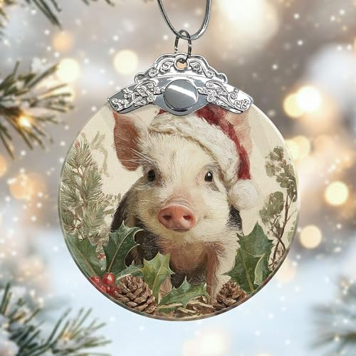 Weihnachtsschmuck aus Glas mit Schweinen, Weihnachtsmannmütze, Stechpalme, rot, hängende Baumschmuck, Geschenke, Festival, Heimdekoration für Baum, Fenster, Schlafzimmer, Tür, Büro, Geschäft, 7,6 x