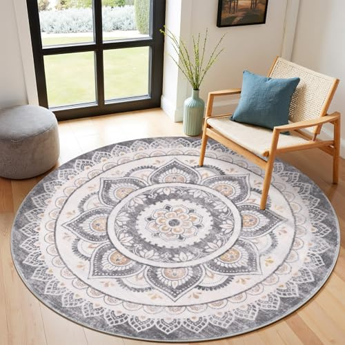 SHACOS Teppich Rund 120 cm Runder Teppich Waschbar Weich Teppiche Wohnzimmer Rund Flauschig rutschfest Kurzflor Runder Teppiche für Schlafzimmer, Wohnzimmer, Beige Grau