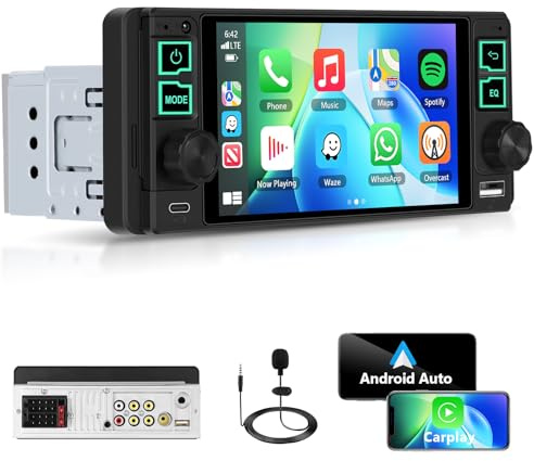 Motorsi 1 DIN CarPlay Autoradio con Inalámbricos Android Auto Type-C, Reproductor de Radio con Pantalla Táctil HD Single DIN 5,1 Pulgadas, Mirror Link, Bluetooth 5.0, FM, USB, SWC, Radio para Coche