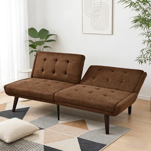 DRIXNO Klappbares Schlafsofa, 157 cm Sofa Mit Schlaffunktion, Couch mit Leinenoptik, Verstellbarer Rückenlehne Armlehnen, Bettcouch, Gepolsterter Doppelsofa für Wohnzimmer, Schlafzimmer, Braun
