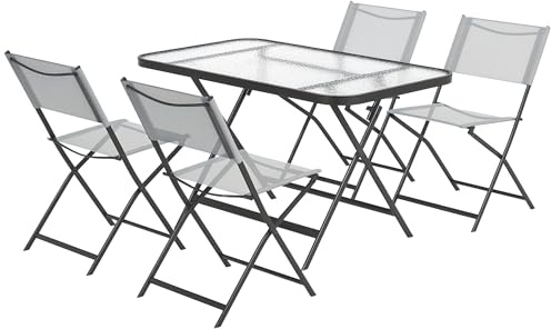 Outsunny 5-teiliges klappbares Gartenmöbel-Set, Essgruppe für den Außenbereich mit Tisch und 4 Stühlen aus atmungsaktivem Texteline, Gartenmöbel-Set aus Metall für Terrasse und Balkon, grau