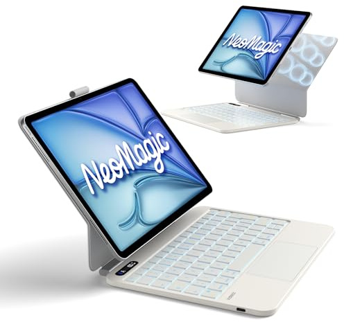 Inateck Hülle mit Tastatur iPad Air 11, flachscharnier, großes Touchpad | für iPad Air 11 M4/M3/M2/Air5/4/Pro11, LED-Anzeige, Ein-/Ausschalter, 7-farbige Beleuchtung, Stiftfach, Neomagic, Milchweiß