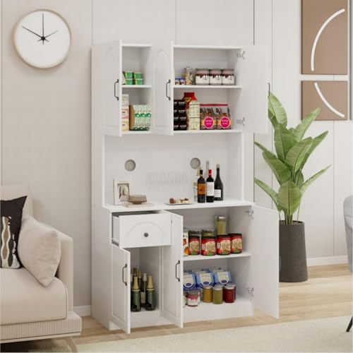 Clyrava 71'' Tall Kitchen Pantry Storage Cabinet with Storage, Kitchen Hutch Cabinets with Microwave Countertop, Kitchen Cupboard with Adjustable Shelves, Doors and Drawer (White B)