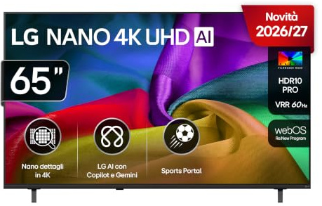 LG NANO AI UHD 65 Pollici, Serie NU8E 2026 Smart TV 4K - 65NU8E0B3LA | Processore con Nano Detail Enhancer, AI Chatbot, AI Concierge, HDR10 Pro, FILMMAKER Mode, Design Linear Flow, 3 HDMI