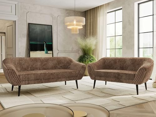 MKS MEBLE Sofagarnitur PIRS 3 + 2 - Couchgarnitur im skandinavischen Design, Gesteppte Polsterung, Wellenfederung, Wohnzimmer Sofa Set - Schwarze Beine, Braun Cord