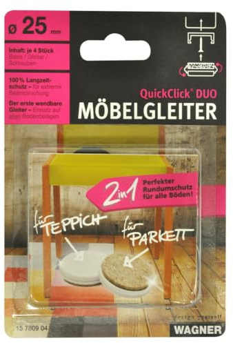 Wagner QuickClick® Filzgleiter & Kunststoffgleiter wendbar 2 Seiten Wollfilz & Kunststoff 4er-Set zum Anschrauben - 4X Basis+Schraube+Gleiteinsatz - Duo - Durchmesser Ø 25 mm - Made in DE - 15780904