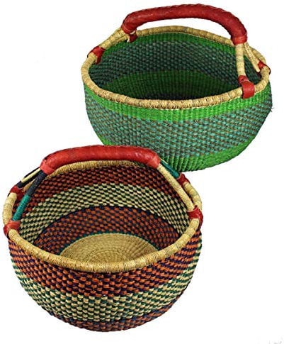 Adam Schmidt | Einkaufskorb Bolga | Höhe: 38 cm - 40 cm Ø | Henkel aus Echtleder | aus Steppengras | farblich sortiert | 1 Stück | filigrane Handarbeit - jeder Bolgakorb ein Unikat