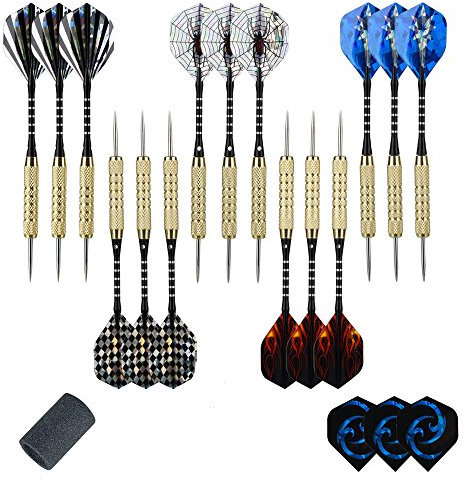 moonlux 15 Stück Steel Darts Pfeile Set, Profi Steeldarts Dart Pfeile mit Metallspitze, Aluminium Schaft, 3 Stück Ersatzflights, 18g, mit Point Spitzer