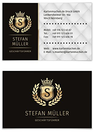 Personalisierte Visitenkarten 100 bis 2.500 Stück VIP Schwarz Gold individuell selbst gestalten mit eigenem Text und Initialen, dickes 300g/qm Papier, 85x55mm, beidseitiger Druck