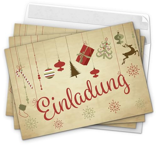 10 x Einladungskarten mit Umschlag zur Weihnachtsfeier/Motiv: Hängende Symbole weihnachtlich/Weihnachten/Christmas Party/Einladung/für Firmen