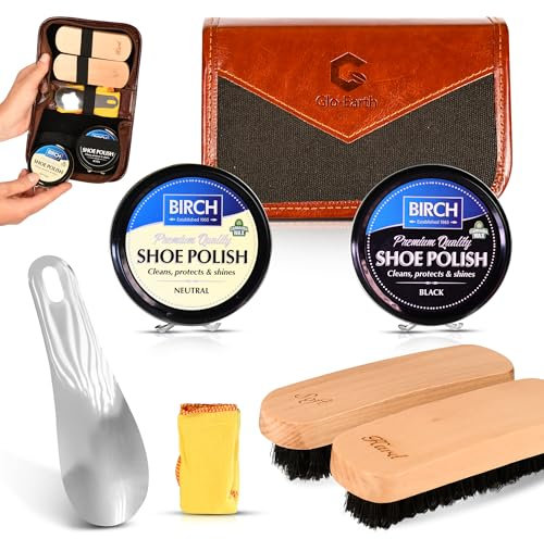 Glo-Earth Shoe Shine Kit, Shoe polish Kit, Premium Quality Travel Brush Kit Horse Hair Brush Polish Black Neutral Buff Quality Premium PU Leather Gift