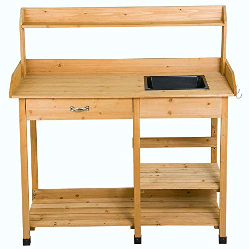 FDInspiration Wood Workbench Planting Table Potting Bench Garden Shelf Outdoor Storage w/Sink with Ebook