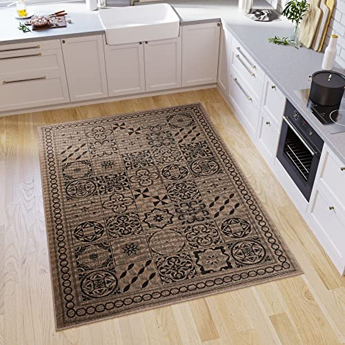 TAPISO Floorlux Teppich Küchenteppich Kurzflor Sisal Optik Flachgewebe Braun Schwarz Mosaik Marokkanisch Modern Design Wohnzimmer Küche Flur 140 x 200 cm