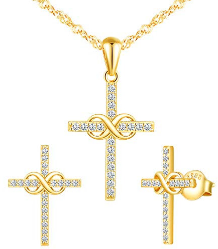 INFINIONLY Damen Anhänger und Damen Ohrring, 925 Sterling silber Schmuck-Sets, Golden, Unendlichkeits symbol und Kreuz element, Intarsien Zirkon, Damen und Mädchen Ohrringe Halskette, Kreuzschmuck