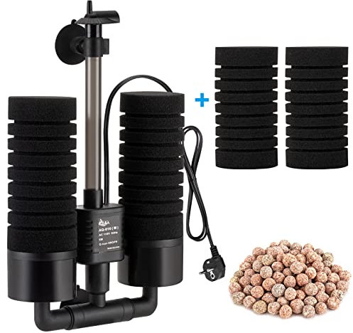 AQQA Aquarium Schwammfilter,3/5W Elektrischer Aquarium Filter,Leiser Tauchschaum Doppelschwammfilter für Biologische und Mechanische Filterung(S)