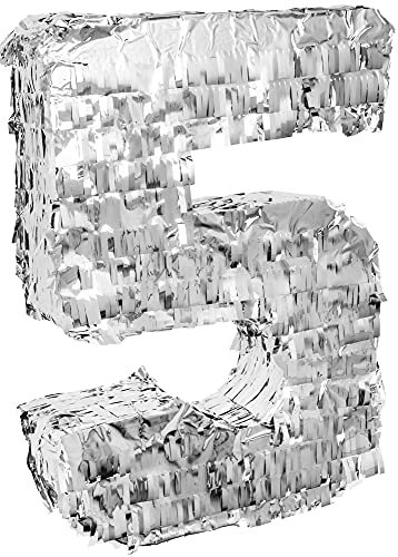 Goodtimes Pinata Zahl 5 in Silber 40cm hoch Partyspiel Zum Befüllen mit Süßigkeiten und zerschlagen Als Geschenkidee für Geburtstag Hochzeit JGA