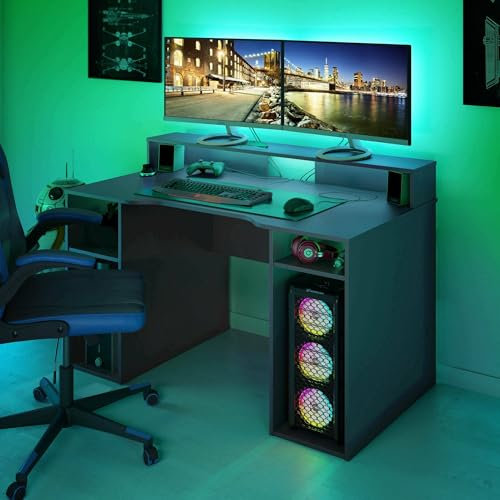 Dmora Scrivania Phoenix, Scrittoio Multifunzione Moderno da Gaming, Tavolo da Studio Porta PC e Porta CD, Tavolo da Studio con Ripiani, 136x67h88 cm, Antracite