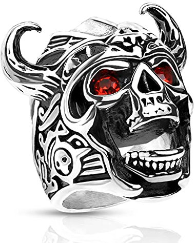 Paula & Fritz® Ring Herren Vikinger-Schädel Zirkonia Rot 316L Chirurgenstahl Größe 72 (22,9) Silber Bikerring Motivring Damenring Totenkopf Partnerring