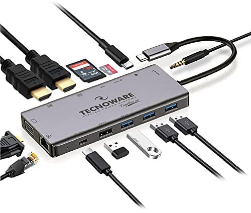 Tecnoware Power Systems - Hub USB Type-C 13 in 1, Compatibile con MacBook, Notebook, iPad, Windows, Huawei, HDMI 4K, Ethernet, USB 2.0 e 3.0, Card Slot SDXC, Micro SD, Jack Audio, Grigio, Alluminio