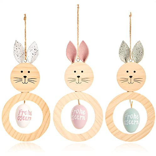 com-four® 3X Dekoaufhänger Ostern - Osterschmuck aus Holz zum Aufhängen - Holzaufhänger Hase mit Osterei - Osterdeko (weiß + pink + blau)