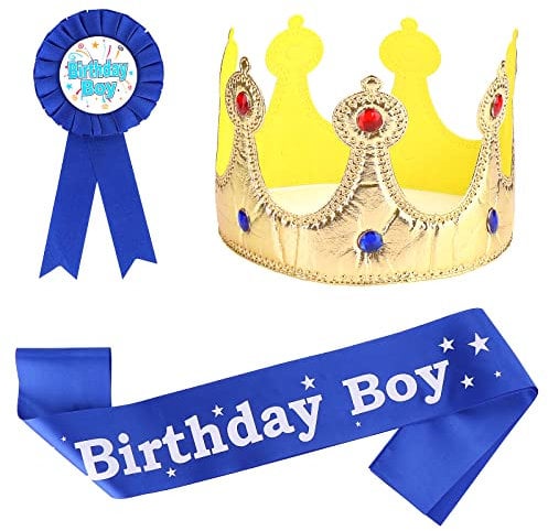 3 Stück Krone Geburtstag Junge Set, Geburtstag Junge Gürtel, Birthday Boy Krone Schärpe Abzeichen, Geburtstag König Krone Deko für Jungen Geburtstag Party Dekoration
