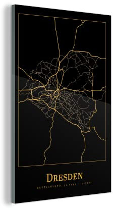 MuchoWow Glasbild Glasfoto Wandbild Bilder Deko 60x90 cm Stadtplan - Dresden - Gold - Schwarz