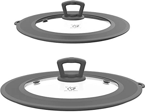 Set mit 2 belüfteten gehärteten Glas-Universal-Deckel für Topfpfanne, Bratpfanne mit hitzebeständigem Silikonrand, Mikrowellen-Spritzdeckel, mikrowellengeeignet, spülmaschinenfest, hellgrau