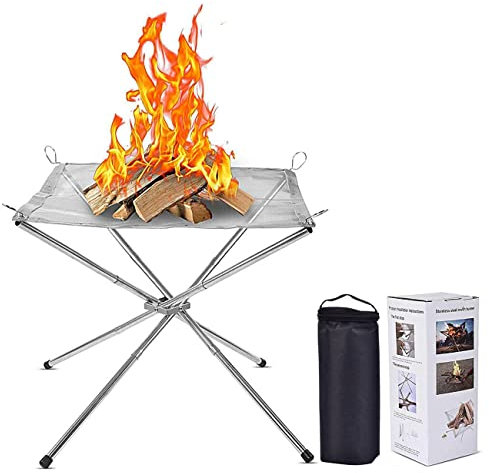 ibforcty Portable Foldable Outdoor Camping Fire Pit, 304 Stainless Steel Mesh Fireplace Picnic Campfire Fire Pit Wood Burning with Carry Bag for Patio, Camping Backyard and Garden (L (56cm*56cm*43cm))