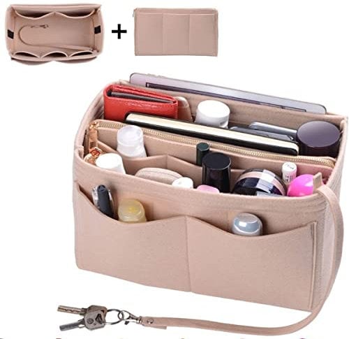 JTWEB Handbag Organiser Insert,Makeup Organizer Bag Felt Cloth Cosmetic Insert Organizer Multi-Pockets Cosmetic Bags with Zipper Portable Purse Organizer for Travel