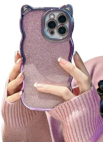 Cutecasee Kompatibel mit iPhone 14 Plus Hülle für Frauen/Mädchen, niedliche Katzenohren Luxus Plating Glitzer Bling Back Curly Wave Anti-Kratzer Stoßfeste Hülle für iPhone 14 Plus, Lila