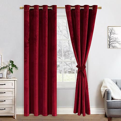 JIUZHEN Verdunklungsvorhang aus Samt,2er Set weiche blickdichte Gardinen mit Ösen für Schlafzimmer,140x225cm (Breite x Höhe),Weinrot