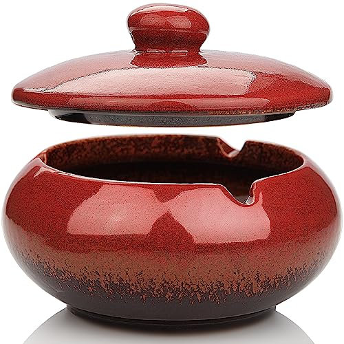 Zigaretten Aschenbecher Keramik für Draussen mit Deckel Retro Windaschenbecher Geruchsdicht Outdoor Ashtray für Draußen Sturmaschenbecher für Home Office Schlafzimmer Balkon Couchtisch, Rot