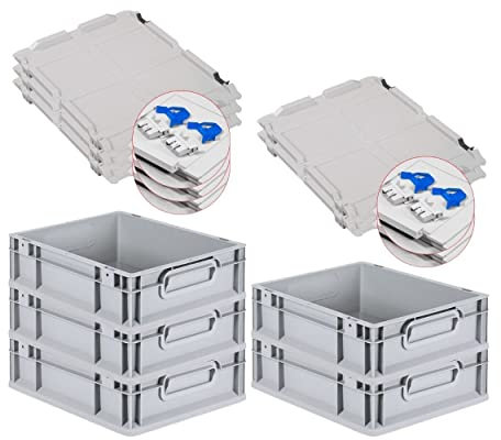 PROREGAL SuperSparSet 5x Eurobox NextGen Grip mit Scharnierdeckel und blauen Schiebeschnappverschlüssen, HxBxT 12x30x40cm, 11 L, Grau, Griffe geschlossen, Eurobehälter, Transportbox