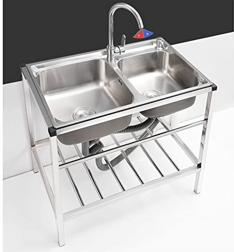 Freistehende Edelstahl-Doppelspüle mit Kalt- und Warmwasserhahn, Handwaschbecken mit Werkbank und Ablageflächen für den Innen- und Außenbereich