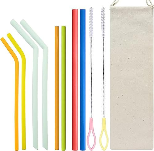 Silicone Straws,11pcs Reusable Silicone Drinking Straws Set(Random Color), Straws for Smoothie,8 Bend+8 Straight Colorful Drinking Straws,with 2 Cleaning Brushes Andand Storage Bag
