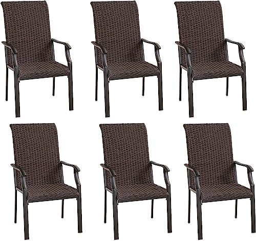 PHI VILLA Outdoor-Esszimmerstühle aus Korbgeflecht, 6er-Set, extra große Rattansessel mit hoher Rückenlehne und Stahlrahmen, für Terrasse, Deck, Hof, Veranda, Pool (braun)